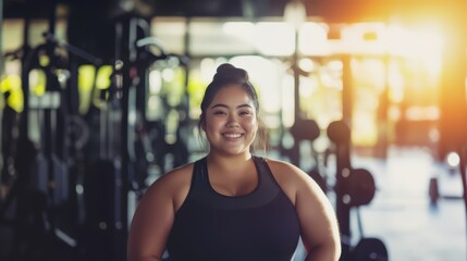 Overweight person starts exercising concept. A happy slightly plump young Asian woman at the gym ready to work out