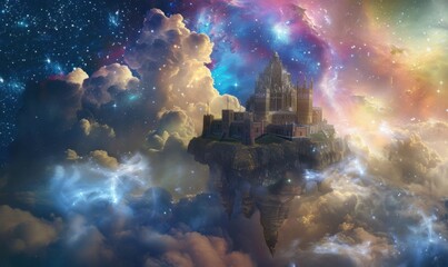 Angelic citadel floating amidst nebulous hues of cosmic splendor, 4K hyperrealistic photo