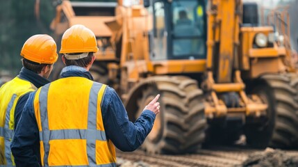 Workers evaluating heavy machinery before operation.