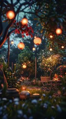 Poster - Lantern-lit garden party in twilight, 4K hyperrealistic photo