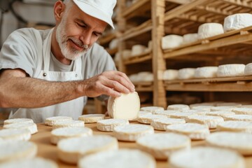 A man is making cheese in a factory. He is smiling and he is enjoying his work