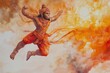 © Patcharaphorn - A dynamic watercolor painting of Lord Hanuman leaping through the air, with flowing orange and red tones capturing his speed, carrying the mountain of herbs, with soft clouds and sunlight behind him