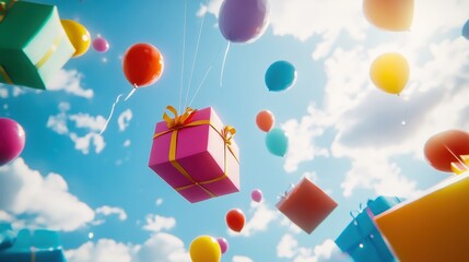 colourful presents and balloons flying in the sky