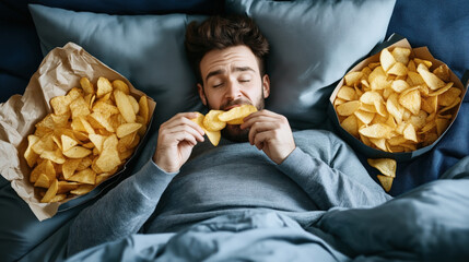 Canvas Print - Man relaxing in bed wearing a grey sweater, surrounded by large bags of potato chips, while enjoying a snack with eyes closed.