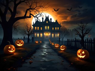 Haunting Halloween Night Mansion, Glowing Jack-o'-Lanterns, and Ghostly Figures