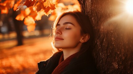 Poster - A woman is standing in a park with golden leaves on the ground and a tree behind her. She has her eyes closed and appears to be relaxed.
