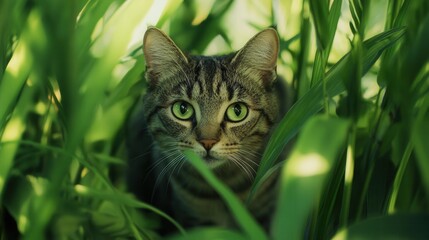 Wall Mural - A cat exploring a lush green garden, sneaking through the plants