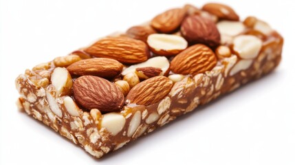 A close-up view of a protein snack energy bar made from almonds, nuts, and other natural ingredients, isolated on a white background, showcasing a healthy, nutrient-rich food.