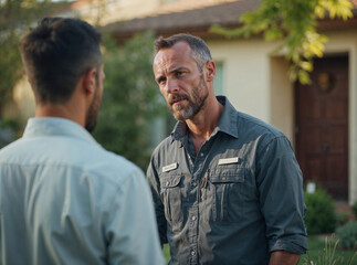 Lawn arborist technician installer worker talking to customer making a sale in the front yard of a home, serious conversation about work well done, working class, casual, outdoors