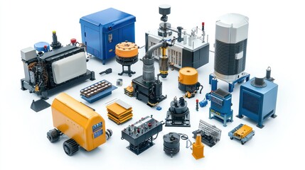 Various types of manufacturing equipment isolated on a white background.