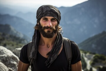 Wall Mural - Portrait of a glad man in his 30s wearing a versatile buff in panoramic mountain vista