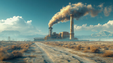 A large industrial power plant with smokestacks releasing smoke, set against a dry, desert landscape