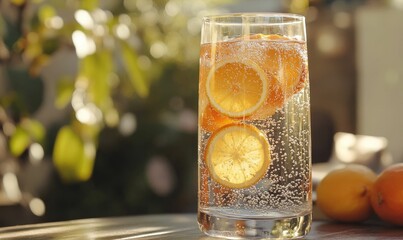 Wall Mural - A glass of fizzy water with lemon slices.