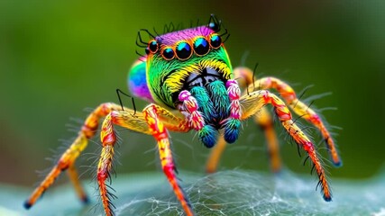 A vividly colored spider perched on a web, showcasing intricate details and vibrant hues.