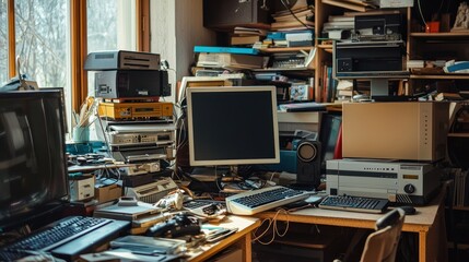 A cluttered workspace with a pile of computer equipment waiting to be sorted.