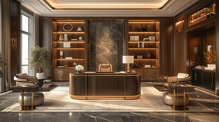 Wall Mural - Executive Office: A luxurious and sophisticated office space with high-end furniture and decor, perfect for themes related to leadership, professionalism, and success. High resolution Illustration,