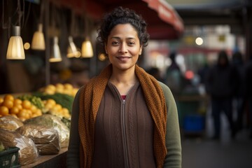 Sticker - Portrait of a satisfied indian woman in her 40s wearing a cozy sweater isolated in bustling urban market