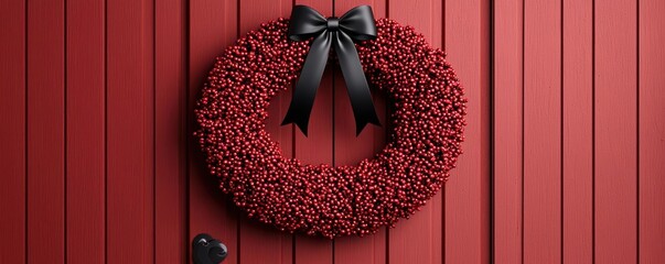 Red holiday wreath with black bow on wooden door, festive decoration.