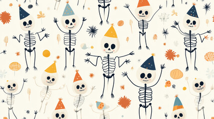 Wall Mural - Seamless pattern features playful skeletons wearing party hats amidst doodles of flowers, leaves, and geometric shapes. Ideal for Halloween decorations and festive designs.