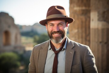 Wall Mural - Portrait of a cheerful man in his 40s donning a classic fedora while standing against backdrop of ancient ruins