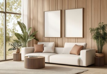 A modern, minimalist living room with neutral tones and natural elements like plants and wooden textures.