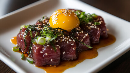 Horse meat yukhoe served with traditional garnishes