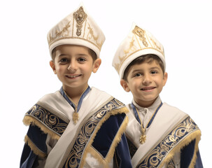 two smiling boys in traditional circumcision outfits