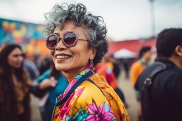 Poster - Portrait of a glad asian woman in her 50s sporting a breathable mesh jersey while standing against vibrant festival crowd