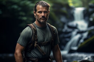 Poster - Portrait of a glad man in his 40s sporting a technical climbing shirt while standing against tranquil forest stream