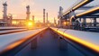© Cheewynn - Long steel pipelines reflecting sunset glow in a futuristic industrial plant, advanced petrochemical facility, warm light, sleek and polished equipment