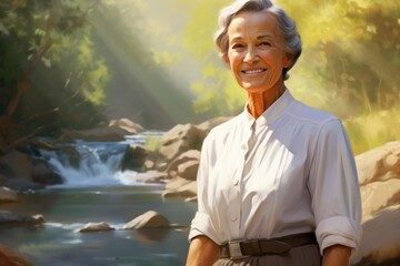 Wall Mural - Portrait of a smiling elderly woman in her 90s wearing a classic white shirt in front of tranquil forest stream