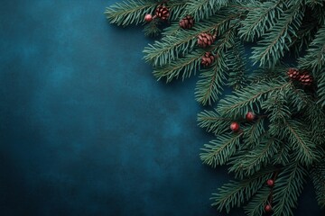 Flat lay of natural green pine branches with some small red beads and pine cones, lying on the blue decorative plaster surface. Christmas card with large copy space. Traditional, natural and elegant