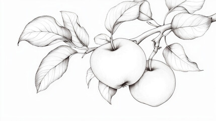 Canvas Print - Detailed black and white illustration of two apples on a branch with leaves in a realistic sketch style.