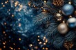 © michnik101 - Closeup of blue pine branch with silver and golden glittery baubles and pine cones. Dark blue, elegant blurry background with golden lights bokeh. Elegant christmas card. Copy space for greetings.