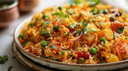 A close-up shot of a plate of Indian vegetable biryani with a green sauce in the background.