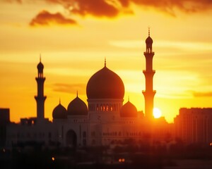 Lowangle shot of a grand mosque with ornate Islamic domes and minarets