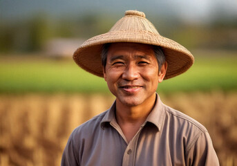 Portrait of a middle-aged male farmer smiling, wearing a straw hat in an agricultural setting. The blurred background shows a field, depicting a hardworking and reliable farming professional.