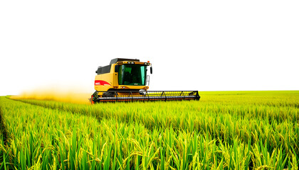 Farmer using combine harvester working the rice in farmland isolated with white highlights, png