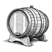 Wooden Barrel Black and White Outline Line Art Drawing with Detailed Engraving Illustration