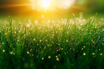 Canvas Print - Dew-kissed grass glistens under the morning sun in a serene setting