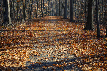 Canvas Print - Autumn trail covered with colorful leaves in a forest setting