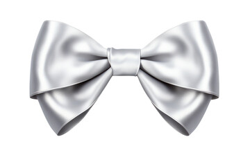 Luxurious silver ribbon bow with a glossy finish and sharp edges isolated on white background.