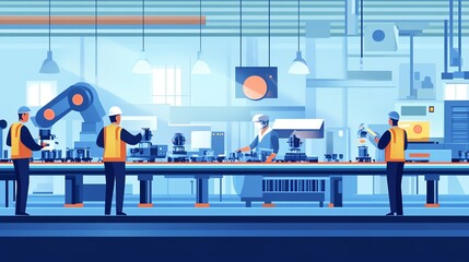 Modern industrial workspace with workers and robotic arms, blue color scheme.