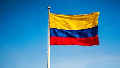 Colombia flag flying on pole against blue sky background 