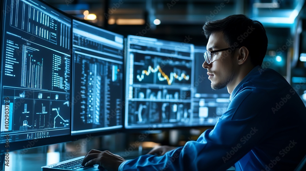 Professional analyzing data on multiple computer screens in a modern workspace.