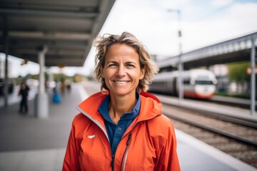 Sticker - Portrait of a grinning woman in her 50s wearing a breathable golf polo on modern city train station