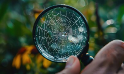 Photographer capturing macro shot of a dew-covered spider web through a magnifying lens, natural beauty 4K hyperrealistic photo.