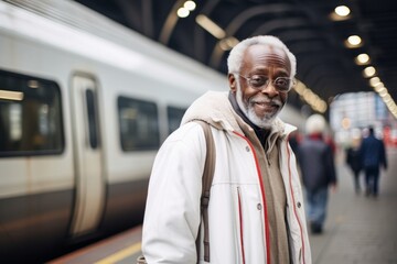 Portrait of a content afro-american elderly man in his 90s sporting a long-sleeved thermal undershirt isolated in modern city train station