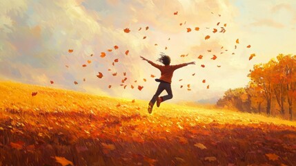 Wall Mural - A person with long hair jumps in a field of fallen leaves. The person is wearing a red shirt and blue jeans. The leaves are orange and yellow. The sky is a light blue with some white clouds.