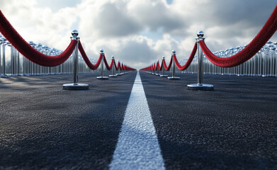 3D render of a road with red velvet ropes on both sides. The middle is empty and clean.